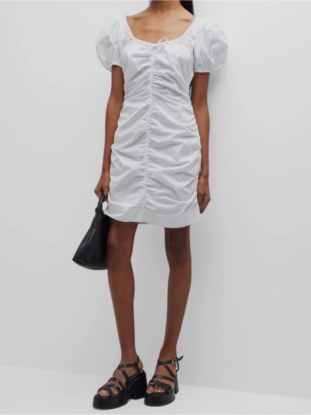 ·GANNI· NWT White Cotton Poplin Ruched Mini Dress Size 38
